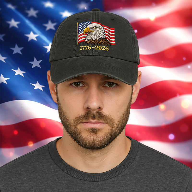Eagle And American flag 1776–2026 Washed Baseball Cap, Faux Embroidery, Printed Vintage Cotton Twill