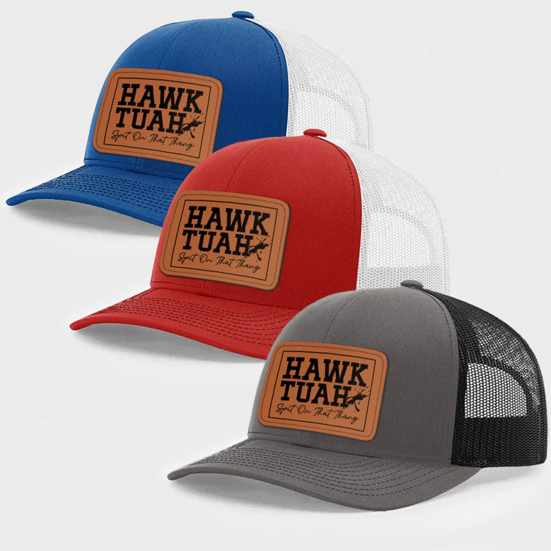 Hawk Tuah Spit On That Thang Trending Hat, Personalized Trucker Leather Patch Hat, Election 2024 - Image 2