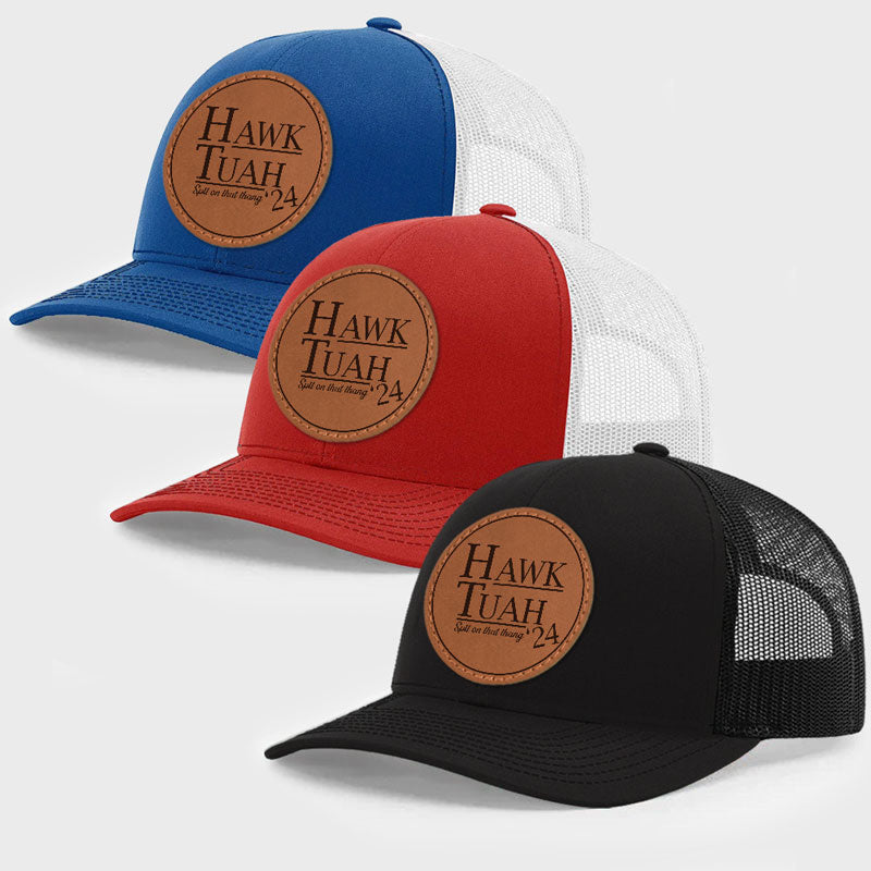 Hawk Tuah Spit On That Thang, Circle Trucker Leather Patch Hat, Election 2024 - Image 2
