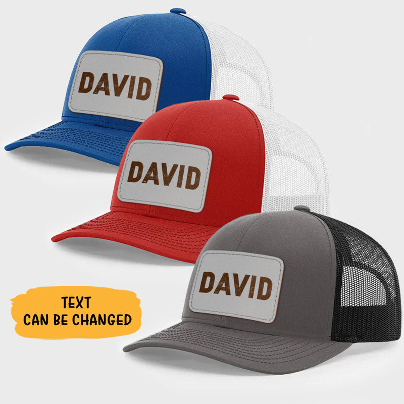 Custom Name Signature, Personalized Trucker Leather Patch Hat, Gift For Dad - Image 2