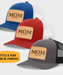 Alternative view of Dad EST, Personalized Trucker Leather Patch Hat, Gift For Dad