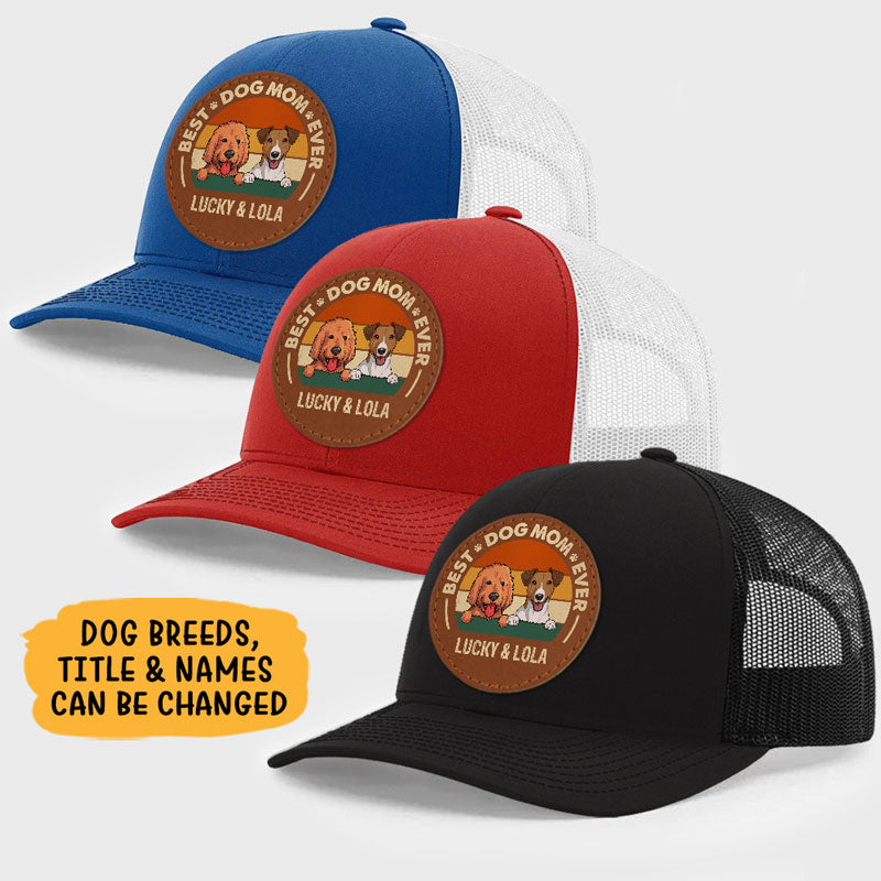 Best Dog Dad Dog Mom, Personalized Trucker Leather Patch Hat, Gifts For Dog Lovers - Image 2