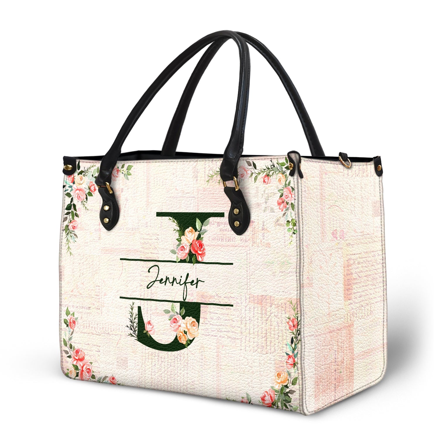 Floral Monogram Name - Gift For Her - Personalized Leather Bag - Image 2
