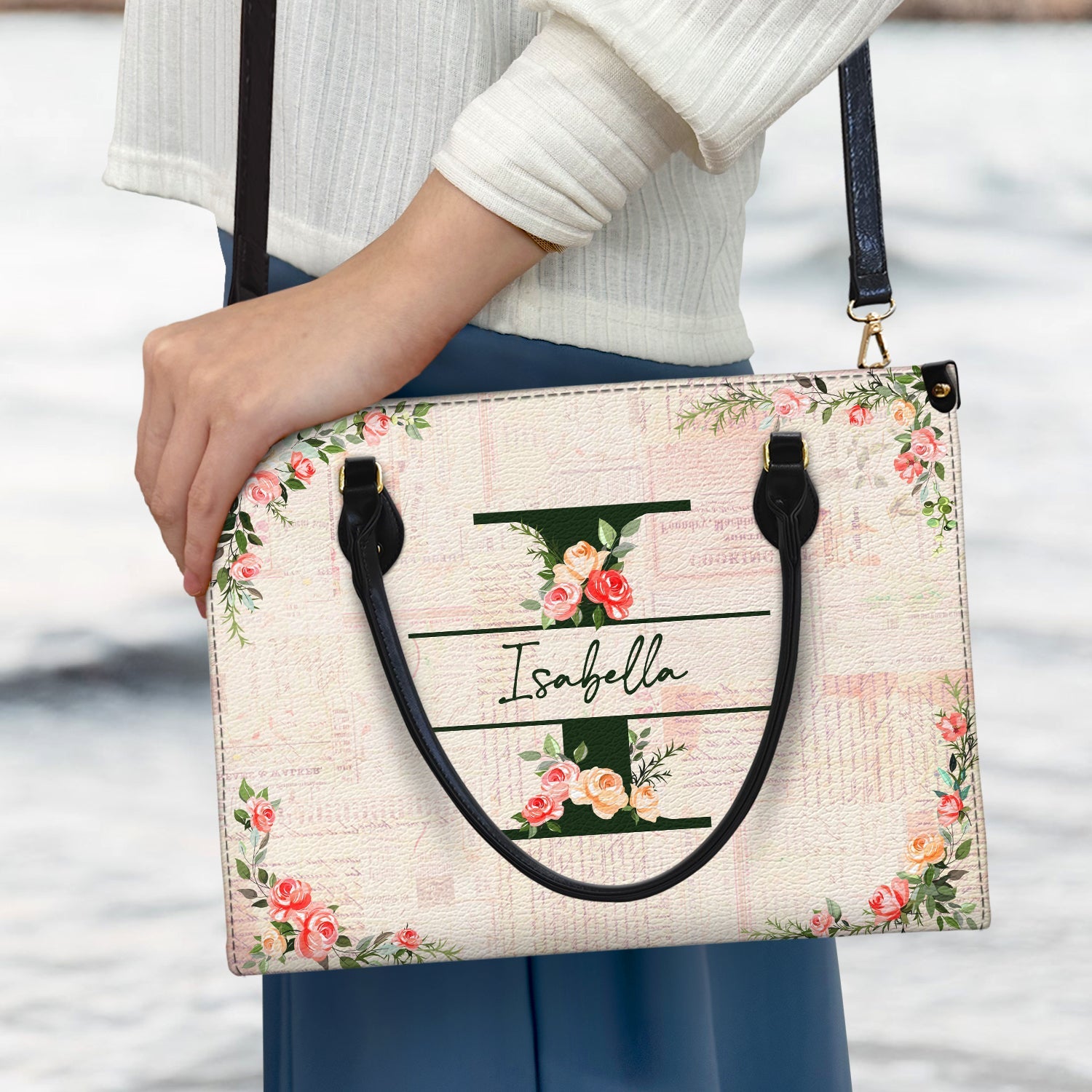 Floral Monogram Name - Gift For Her - Personalized Leather Bag - Image 3