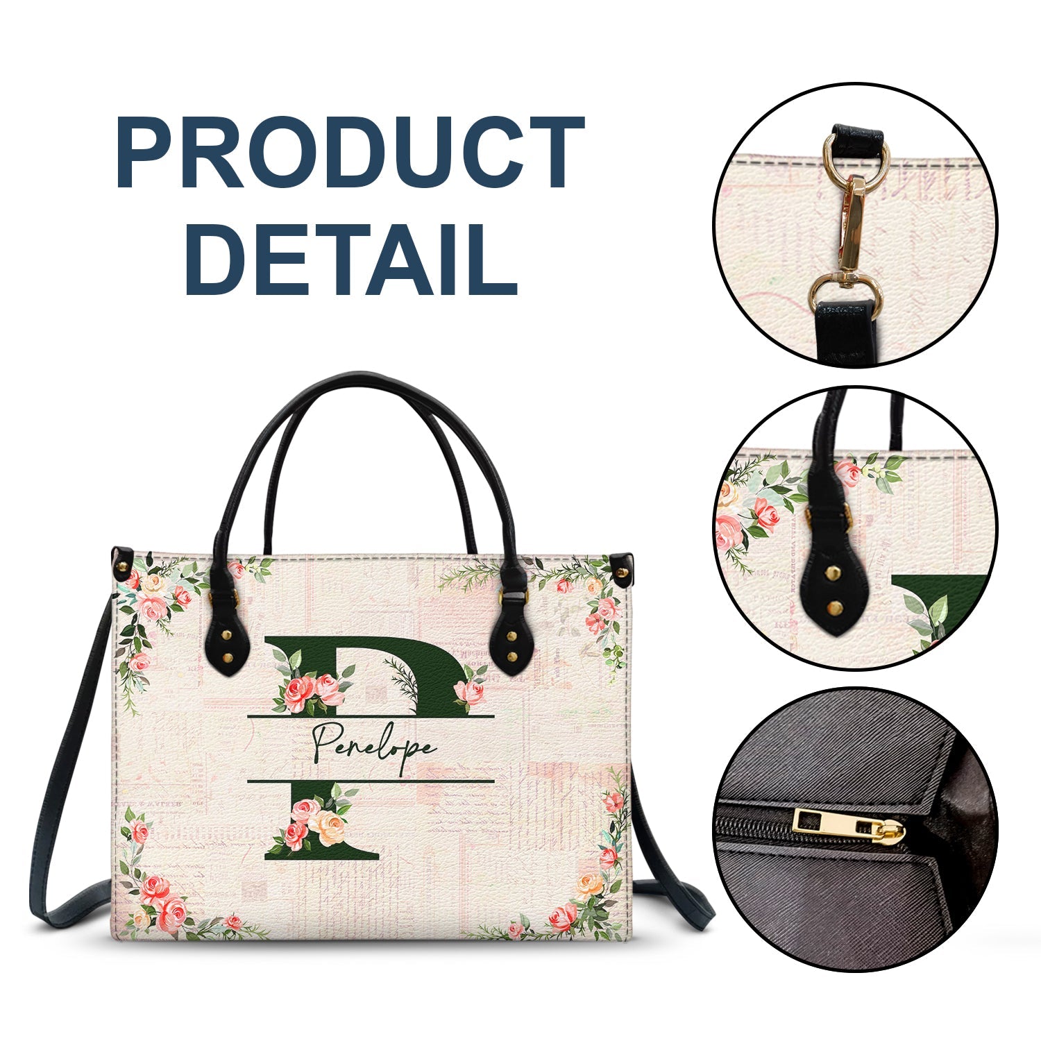Floral Monogram Name - Gift For Her - Personalized Leather Bag - Image 6