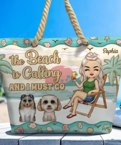 The Beach Is Calling And I Must Go Chibi Girl Dog Cat - Personalized Beach Bag