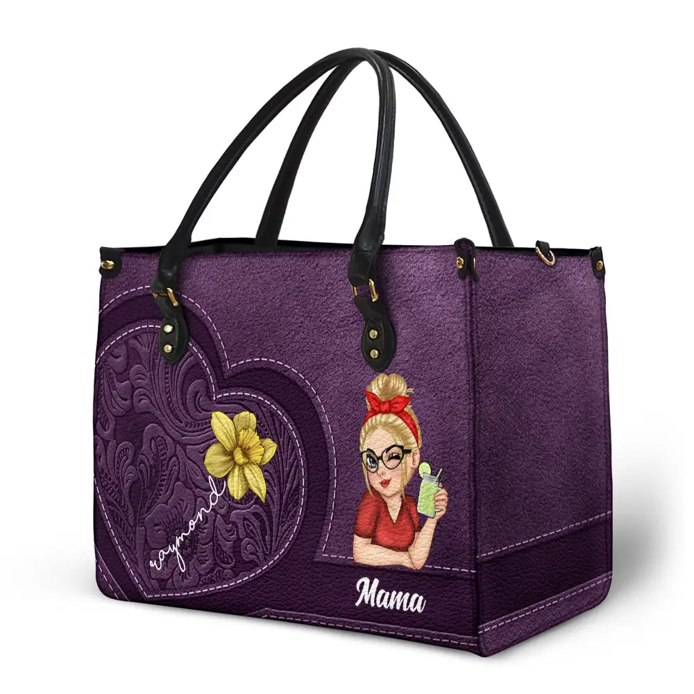 Grandma Birth Month Flowers Kids - Personalized Leather Bag - Image 2