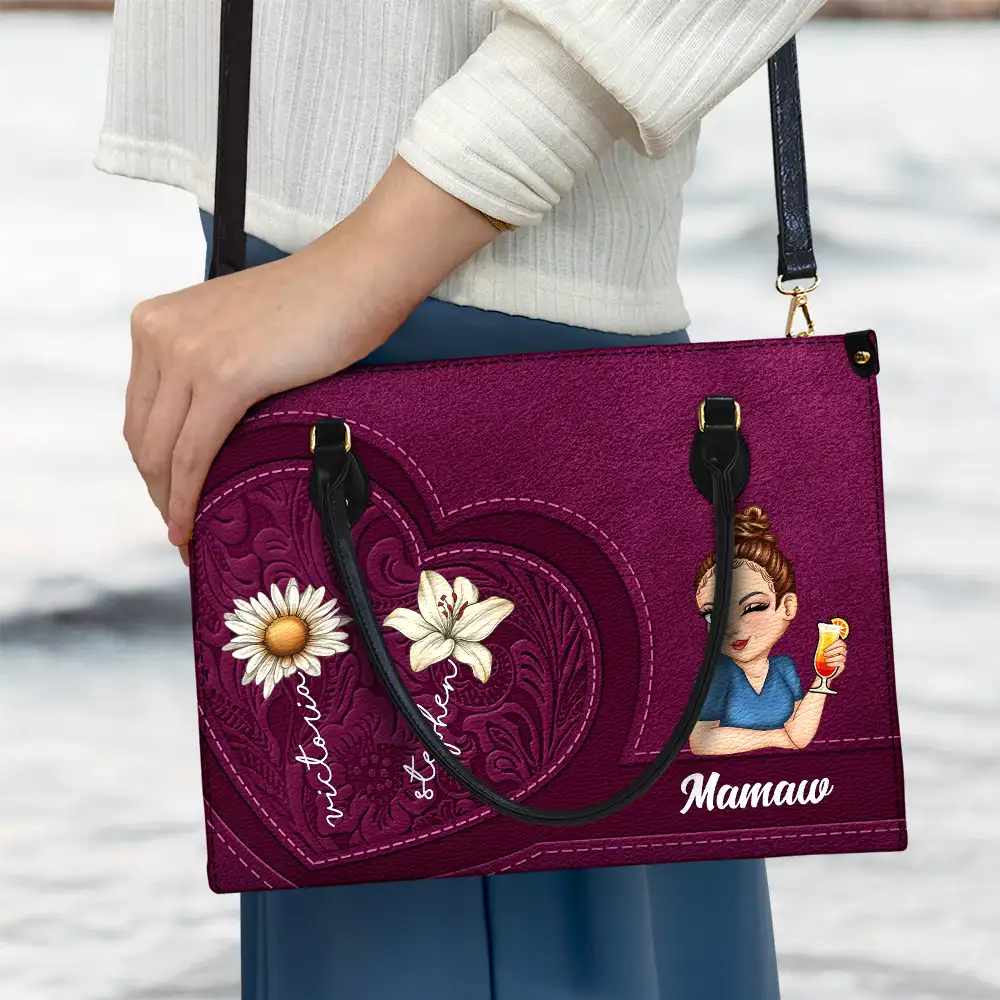 Grandma Birth Month Flowers Kids - Personalized Leather Bag - Image 3