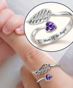 Baby Loss Mom Of An Angel - Personalized Wing And Heart Birthstone Ring