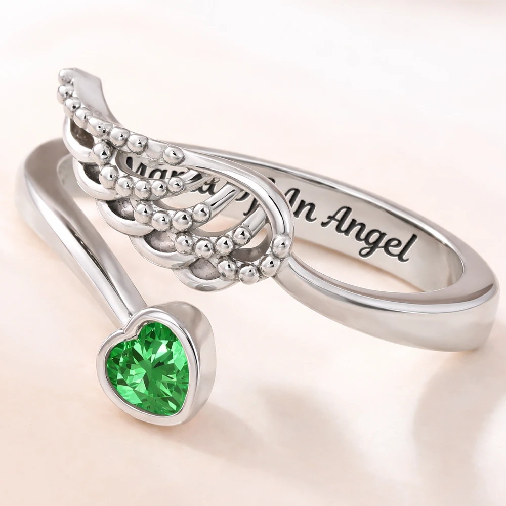 Baby Loss Mom Of An Angel - Personalized Wing And Heart Birthstone Ring - Image 3