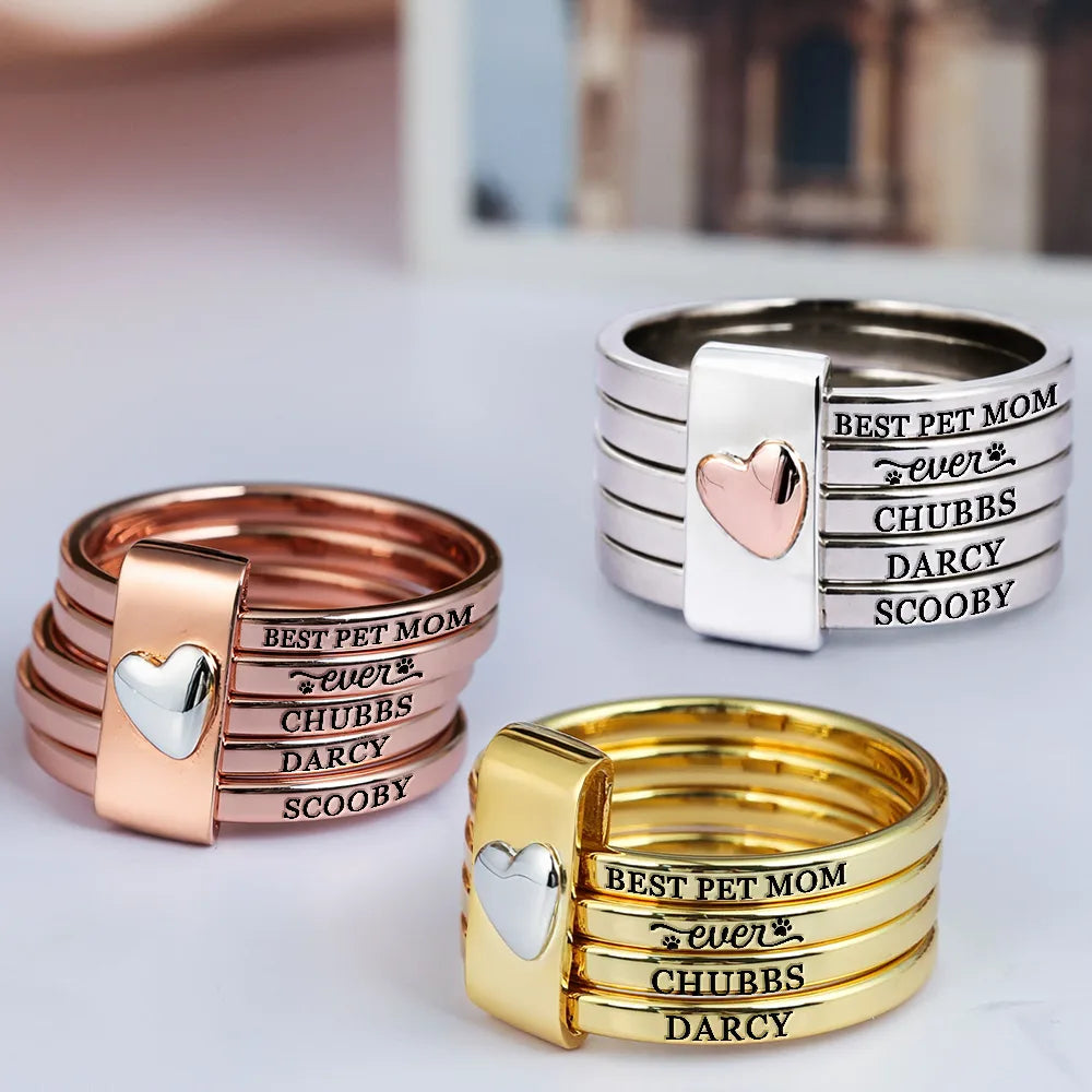 Best Dog Cat Mom Ever - Personalized Heart Stacking Rings - Image 2
