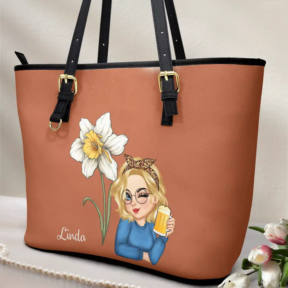 Birth Month Flower Blooming - Personalized Leather Tote Bag - Image 2