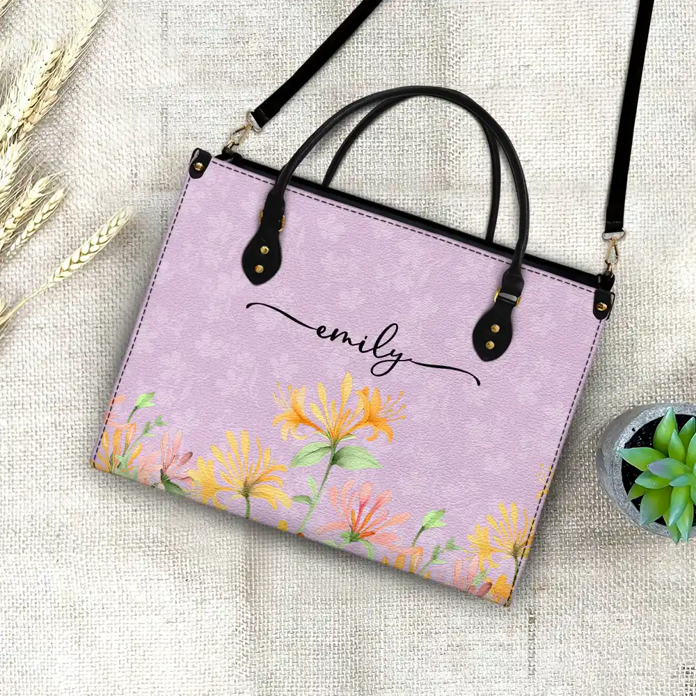 Birth Month Flower Watercolor Blooming In Love - Personalized Leather Bag - Image 4