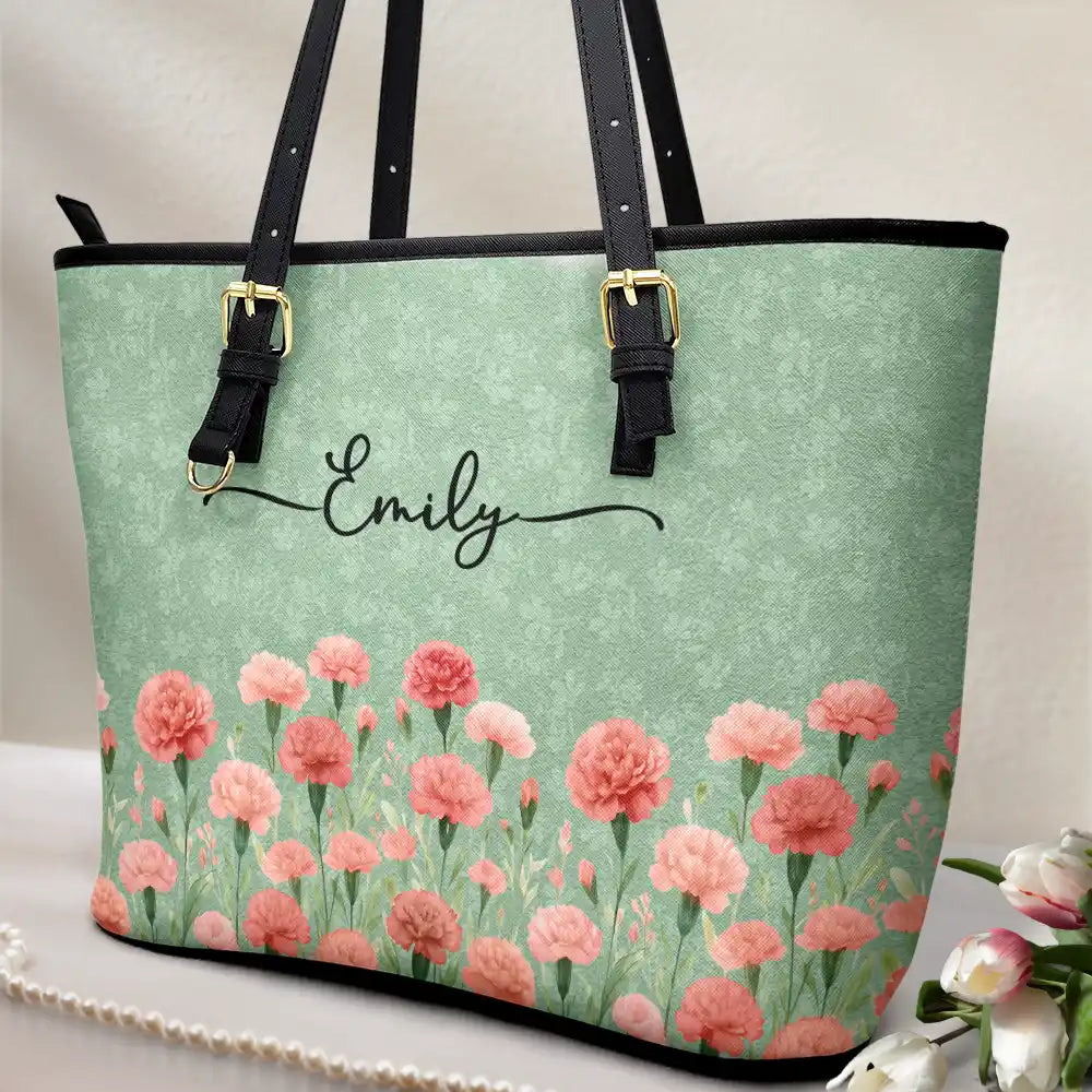 Birth Month Flower Watercolor Blooming In Love - Personalized Leather Tote Bag - Image 2