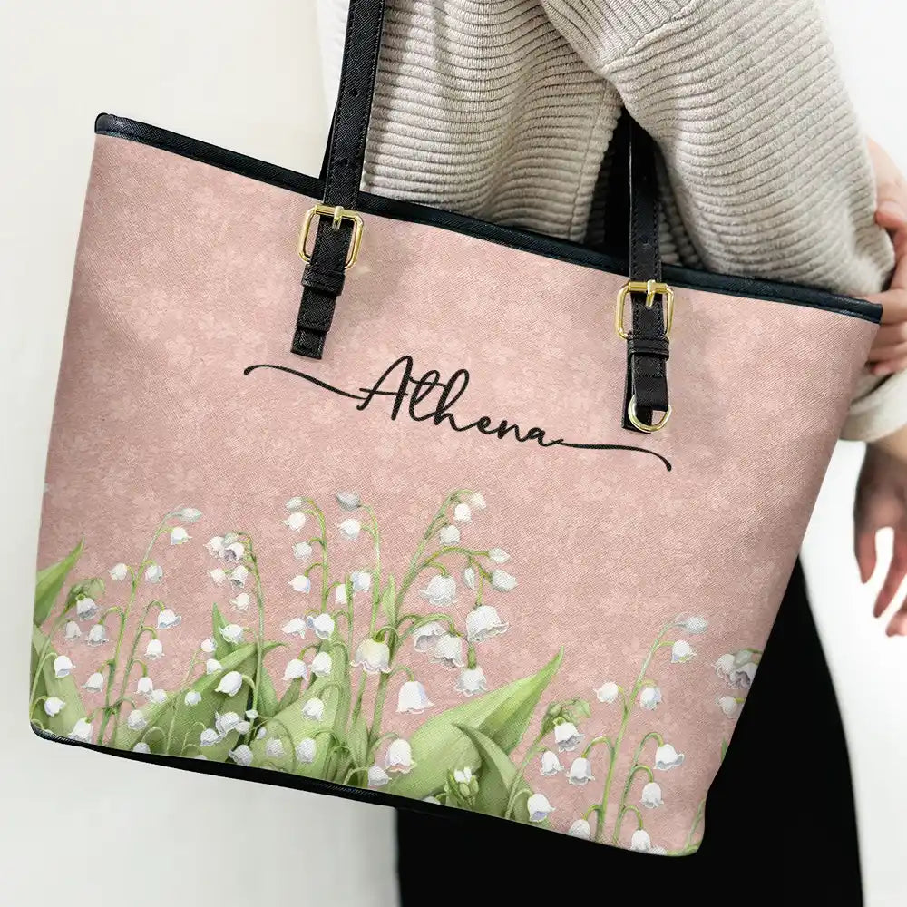 Birth Month Flower Watercolor Blooming In Love - Personalized Leather Tote Bag - Image 3