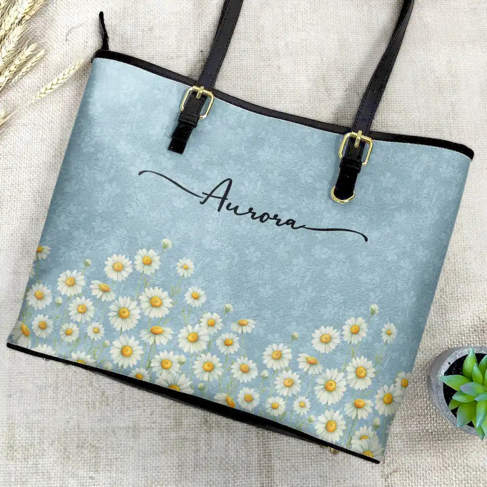 Birth Month Flower Watercolor Blooming In Love - Personalized Leather Tote Bag - Image 4