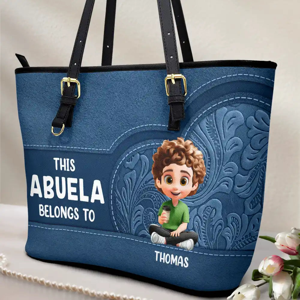 Cartoon Kid This Grandma Belongs To - Personalized Leather Tote Bag - Image 2