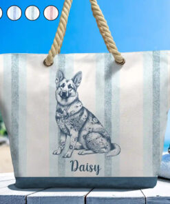 Chinoiserie Toile Dog On Stripes - Personalized Beach Bag