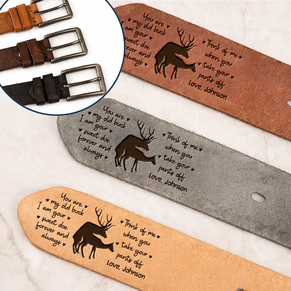 Couple Old Buck Sweet Doe - Personalized Cowhide Leather Belt - Image 2