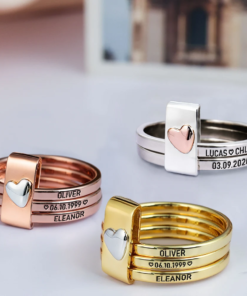 Alternative view of Custom Couples Names With Anniversary Date - Personalized Heart Stacking Rings