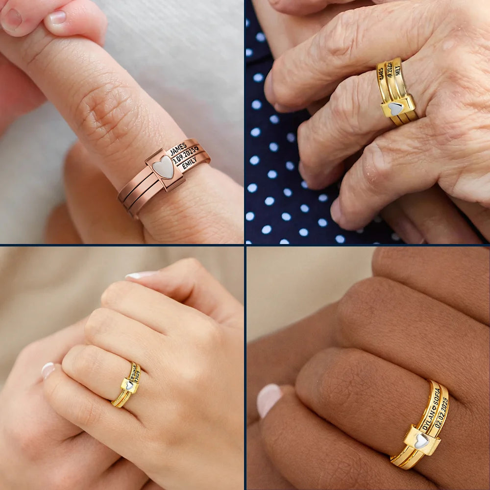 Custom Couples Names With Anniversary Date - Personalized Heart Stacking Rings - Image 5