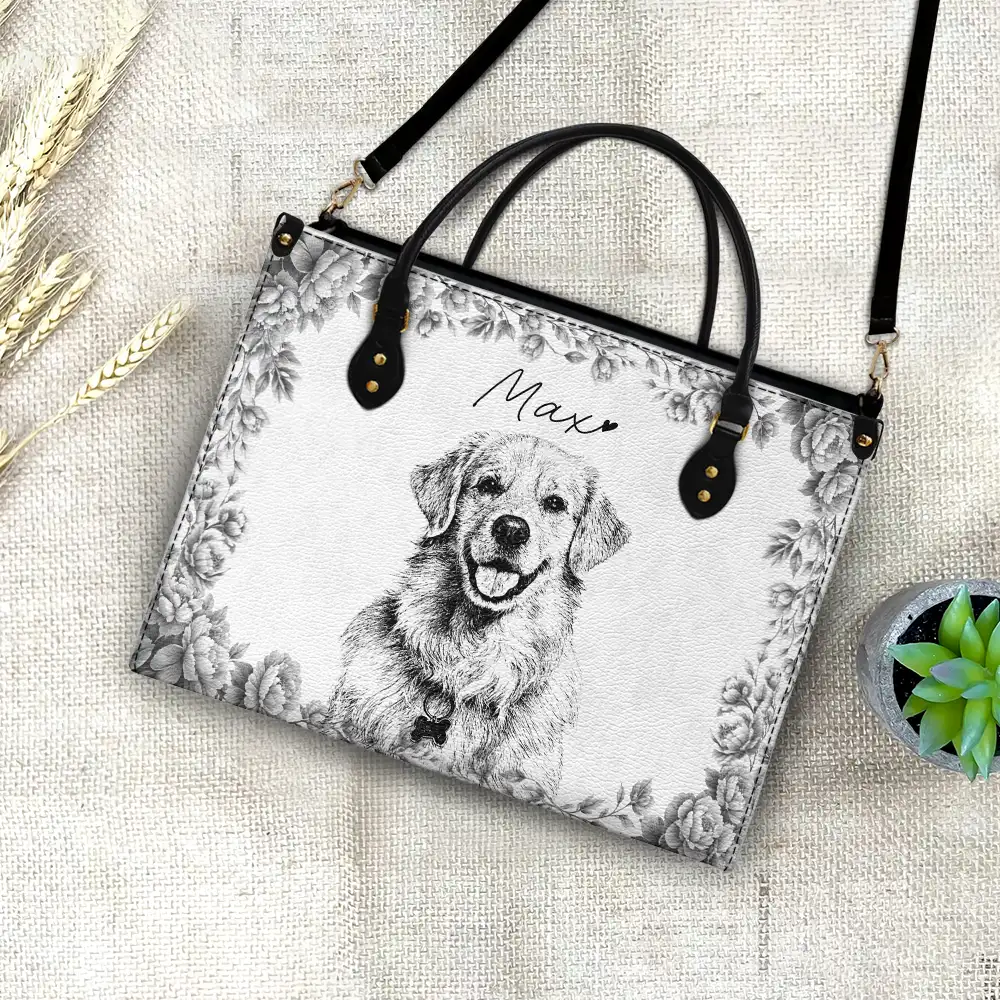 Custom Photo Pencil Sketch Family Dog Cat Portrait - Personalized Leather Bag - Image 5