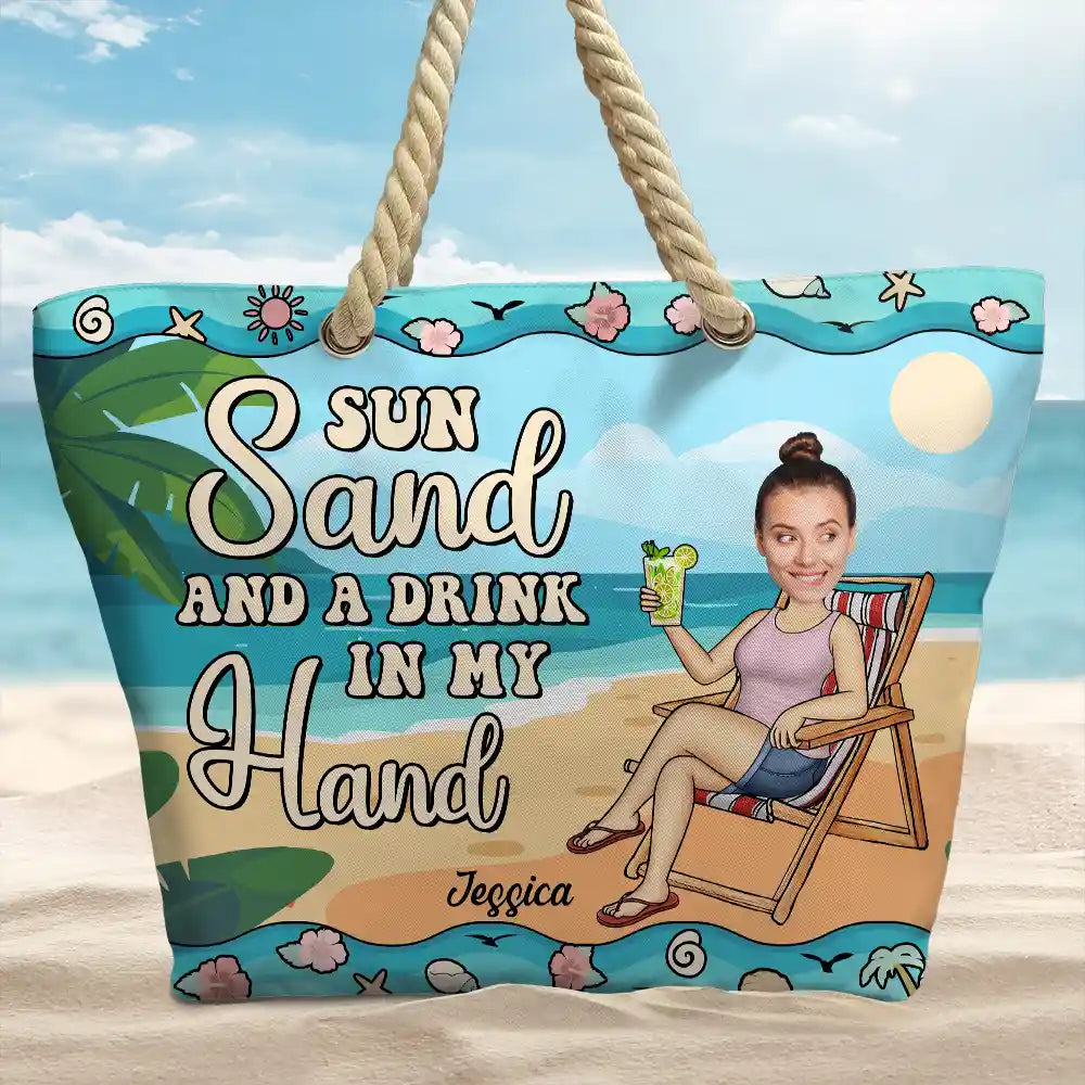 Custom Photo Sun Sand And A Drink In My Hand - Personalized Beach Bag - Image 3