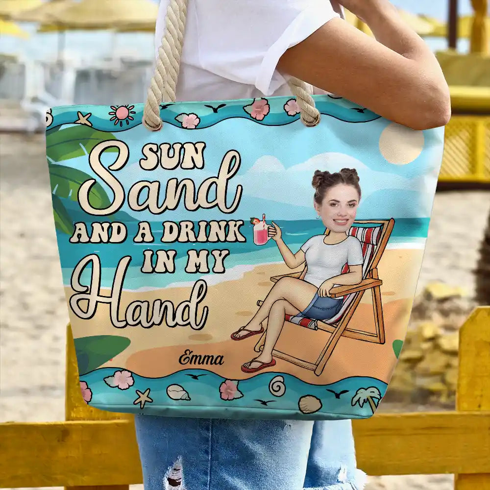 Custom Photo Sun Sand And A Drink In My Hand - Personalized Beach Bag - Image 4