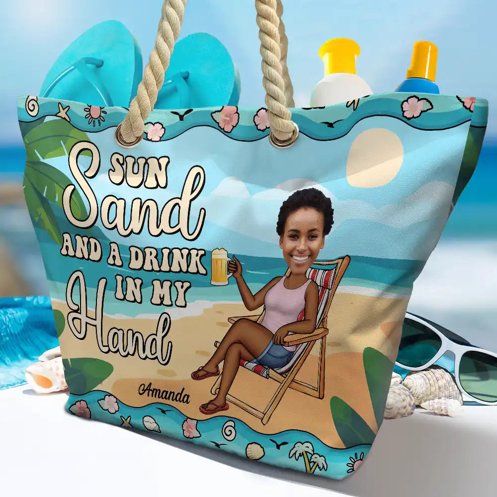 Custom Photo Sun Sand And A Drink In My Hand - Personalized Beach Bag - Image 5