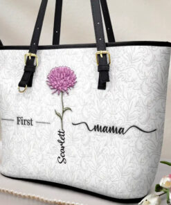 Alternative view of First Mom Now Grandma 3D Effect Birth Flowers - Personalized Leather Tote Bag