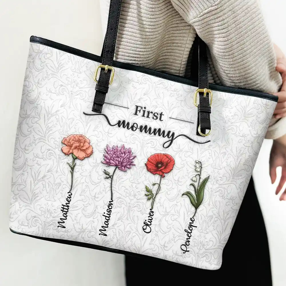 First Mom Now Grandma 3D Effect Birth Flowers - Personalized Leather Tote Bag - Image 3