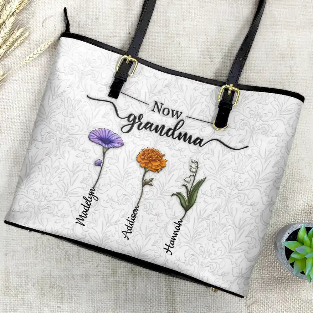 First Mom Now Grandma 3D Effect Birth Flowers - Personalized Leather Tote Bag - Image 4