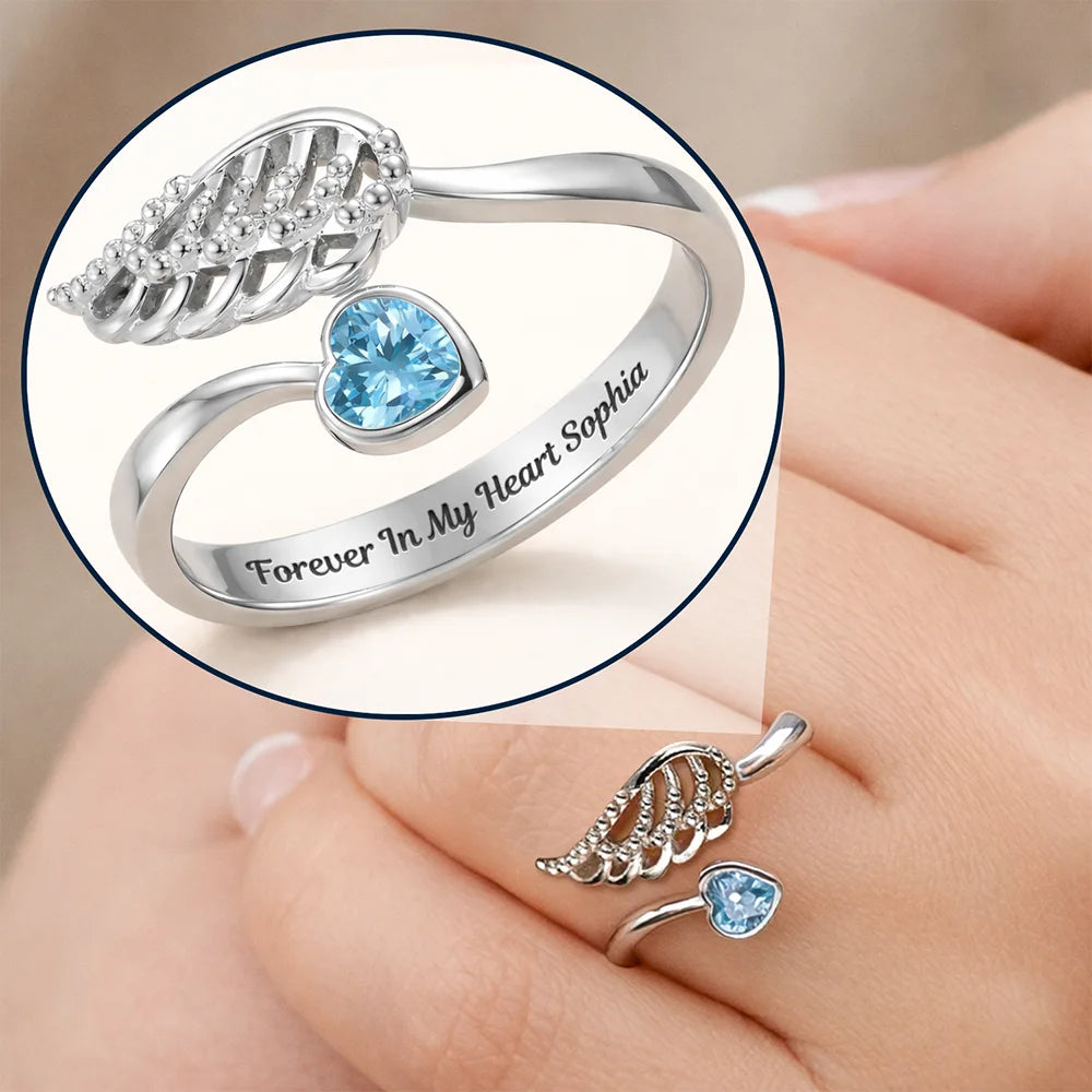 Forever In My Heart Memorial - Personalized Wing And Heart Birthstone Ring