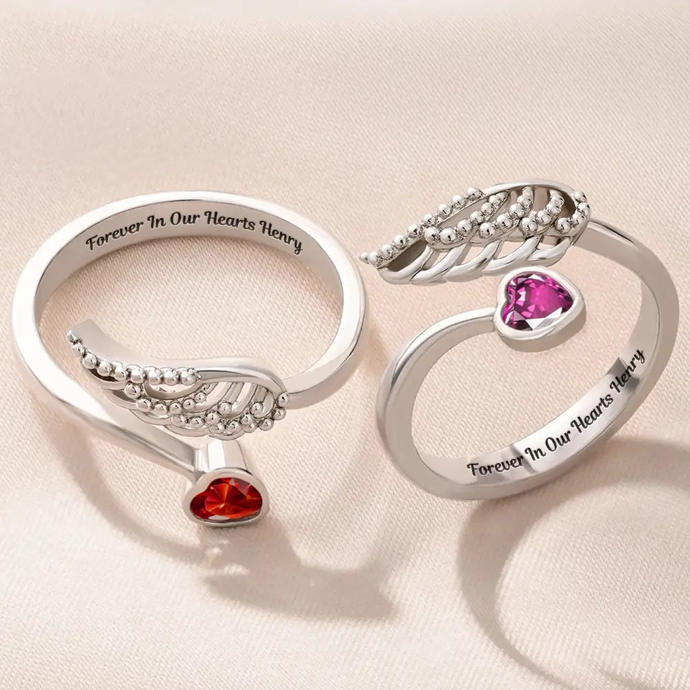 Forever In My Heart Memorial - Personalized Wing And Heart Birthstone Ring - Image 2