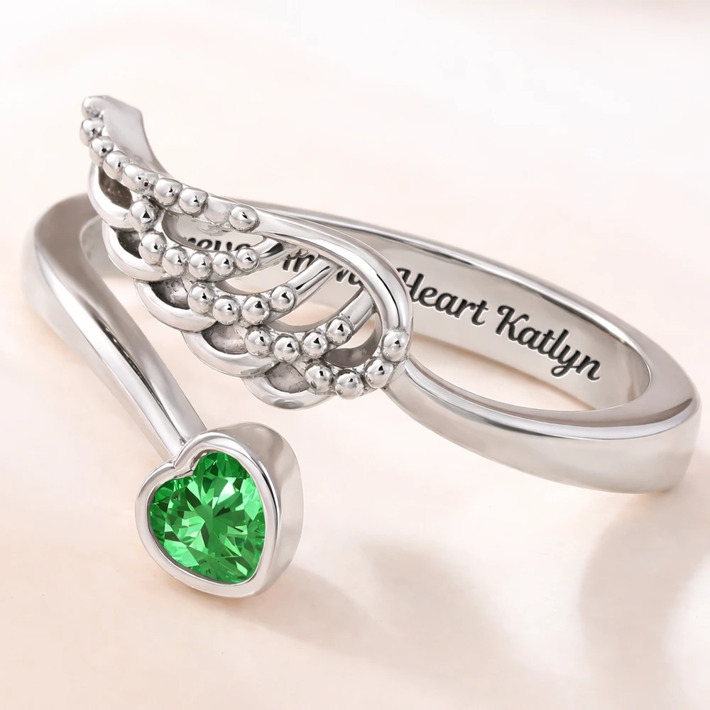 Forever In My Heart Memorial - Personalized Wing And Heart Birthstone Ring - Image 3