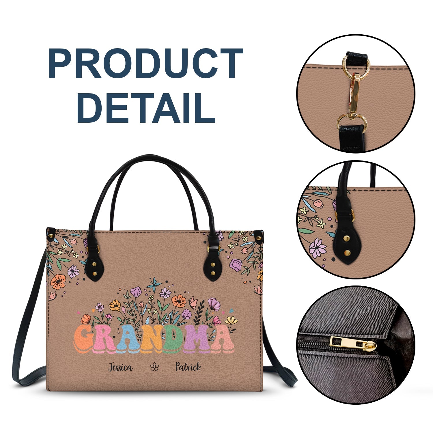 Mom Grandma Floral - Gift For Mother, Grandmother - Personalized Leather Bag - Image 7
