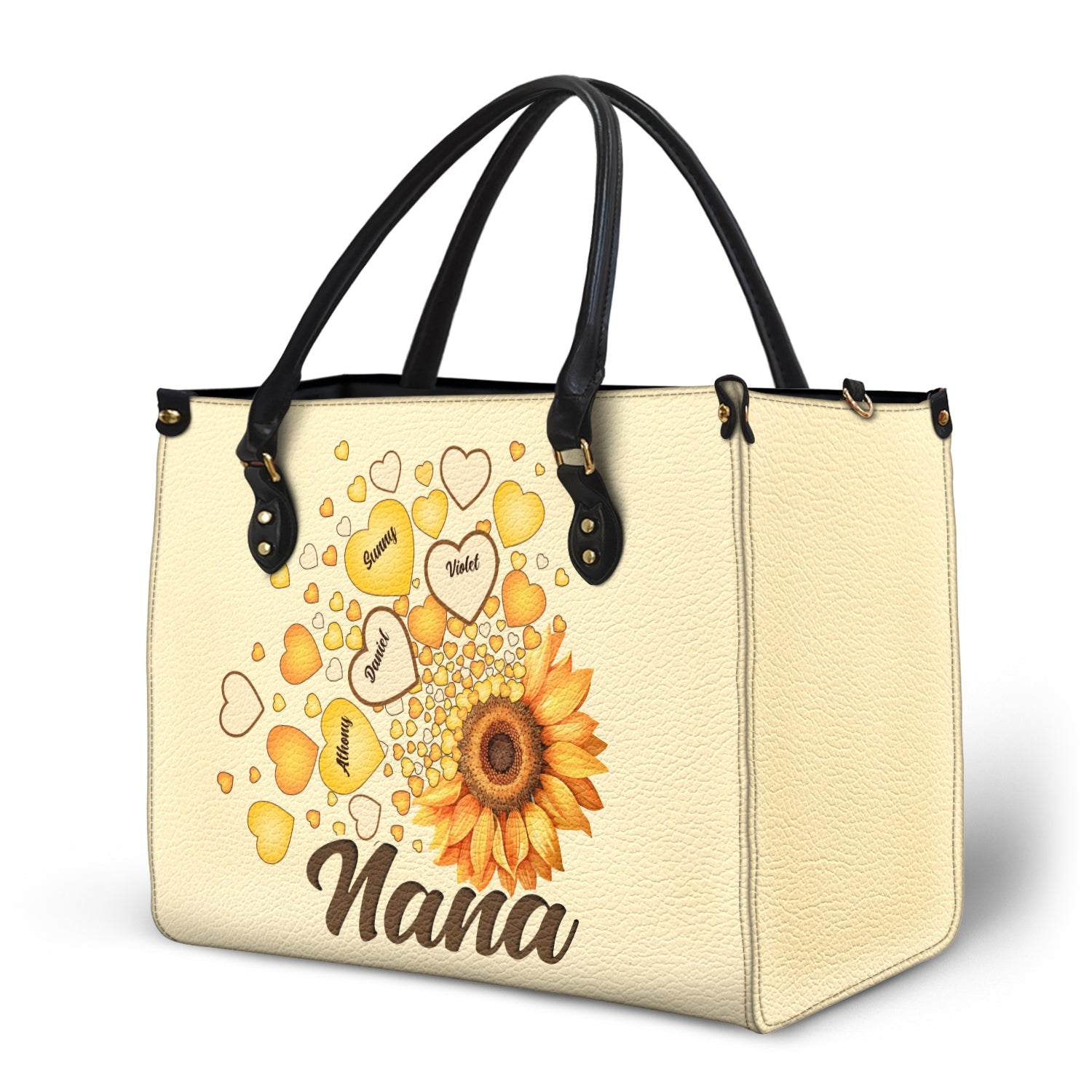 Grandma Mom Kids Sunflower - Gift For Mother, Grandmother - Personalized Leather Bag - Image 2