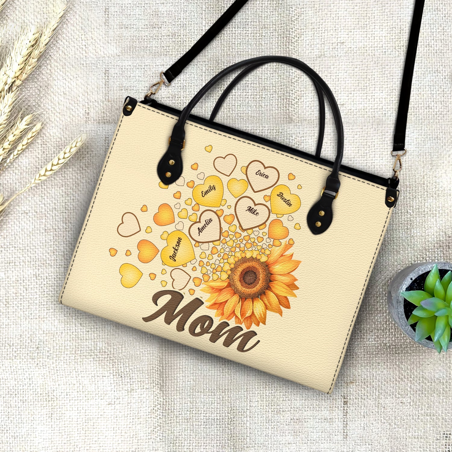 Grandma Mom Kids Sunflower - Gift For Mother, Grandmother - Personalized Leather Bag - Image 4