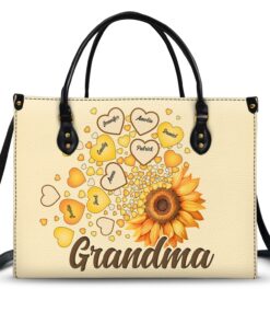 Grandma Mom Kids Sunflower - Gift For Mother, Grandmother - Personalized Leather Bag
