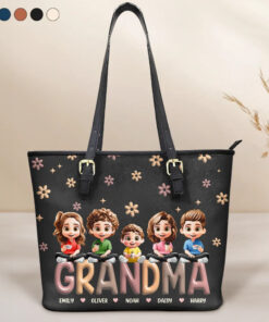 Grandma Grandkid Cartoon - Personalized Leather Tote Bag