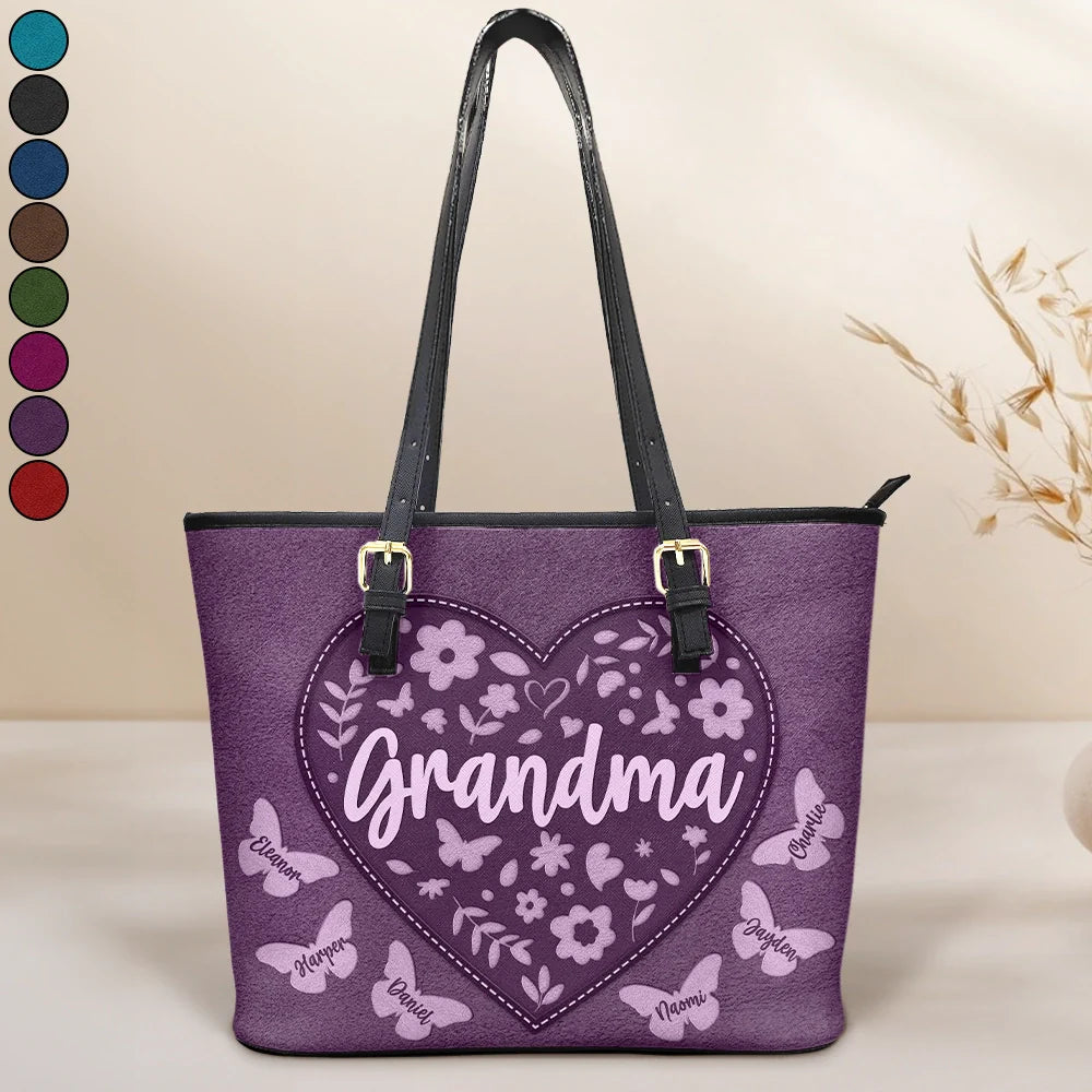 Grandma Leather Floral - Personalized Leather Tote Bag