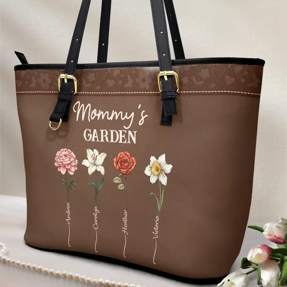 Grandma's Garden Birth Flower - Personalized Leather Tote Bag - Image 2