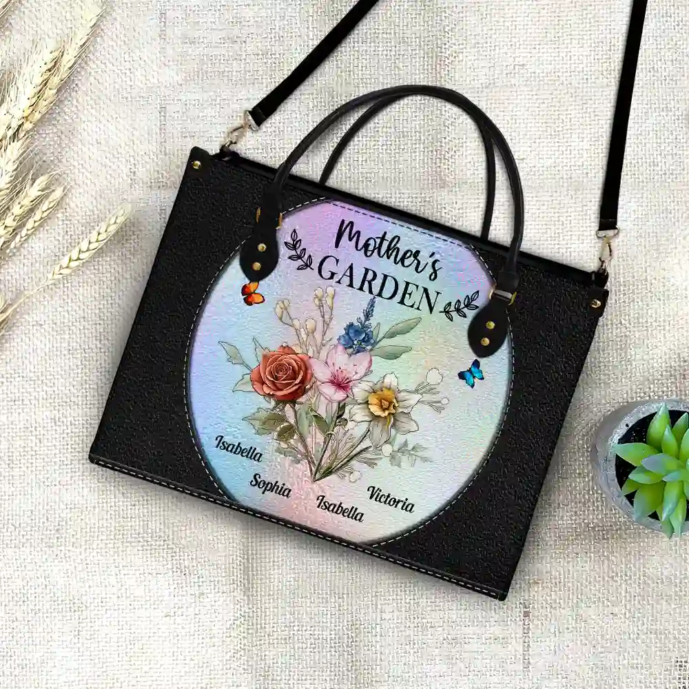 Holography Grandma's Garden Birth Flower - Personalized Leather Bag - Image 4