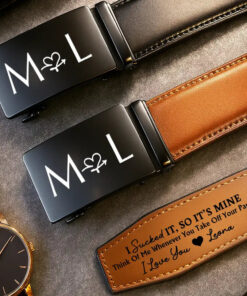 Alternative view of I Licked It So It's Mine Couple Initials - Personalized Leather Belt With Engraved Buckle