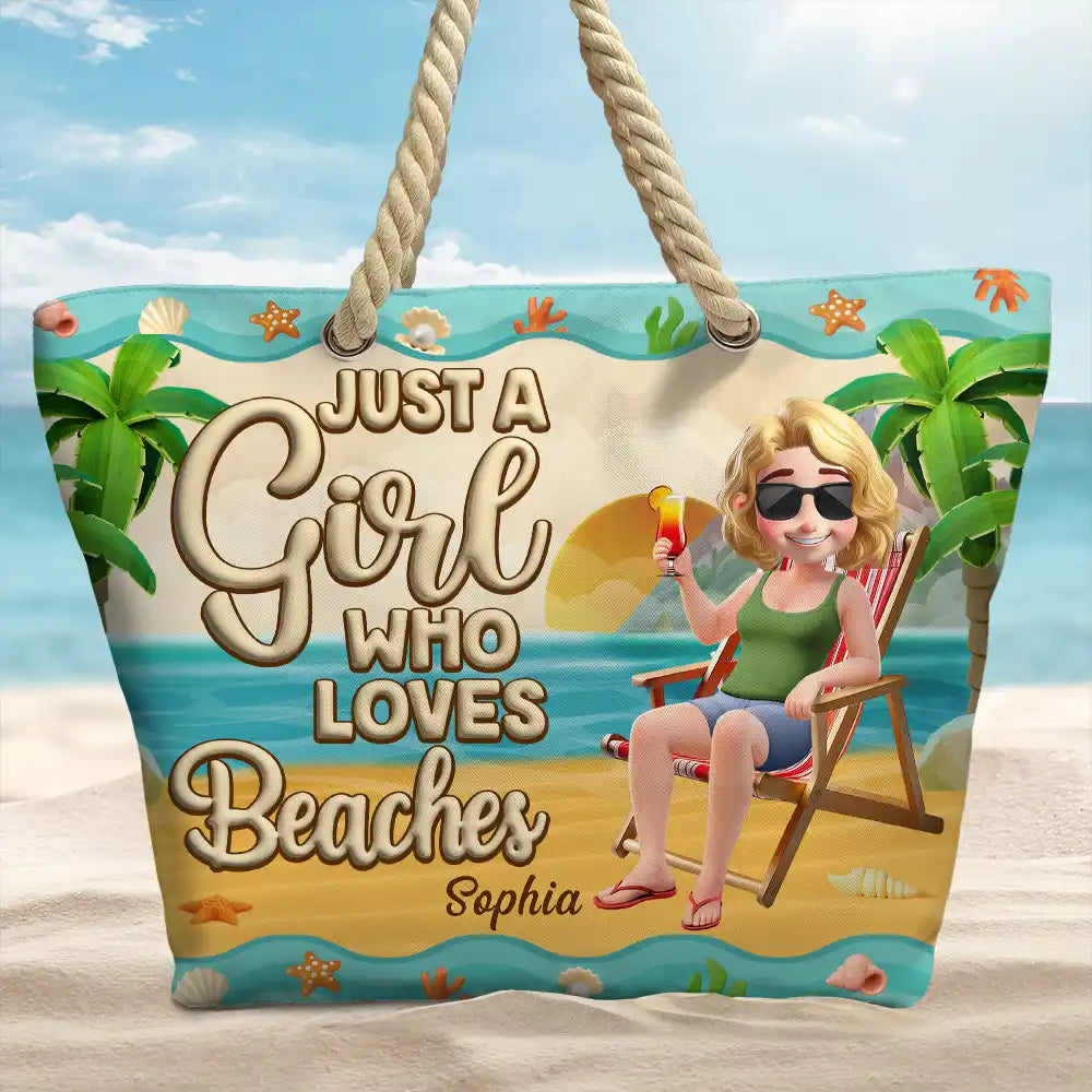 Just A Girl Who Loves Beaches Cartoon - Personalized Beach Bag - Image 2