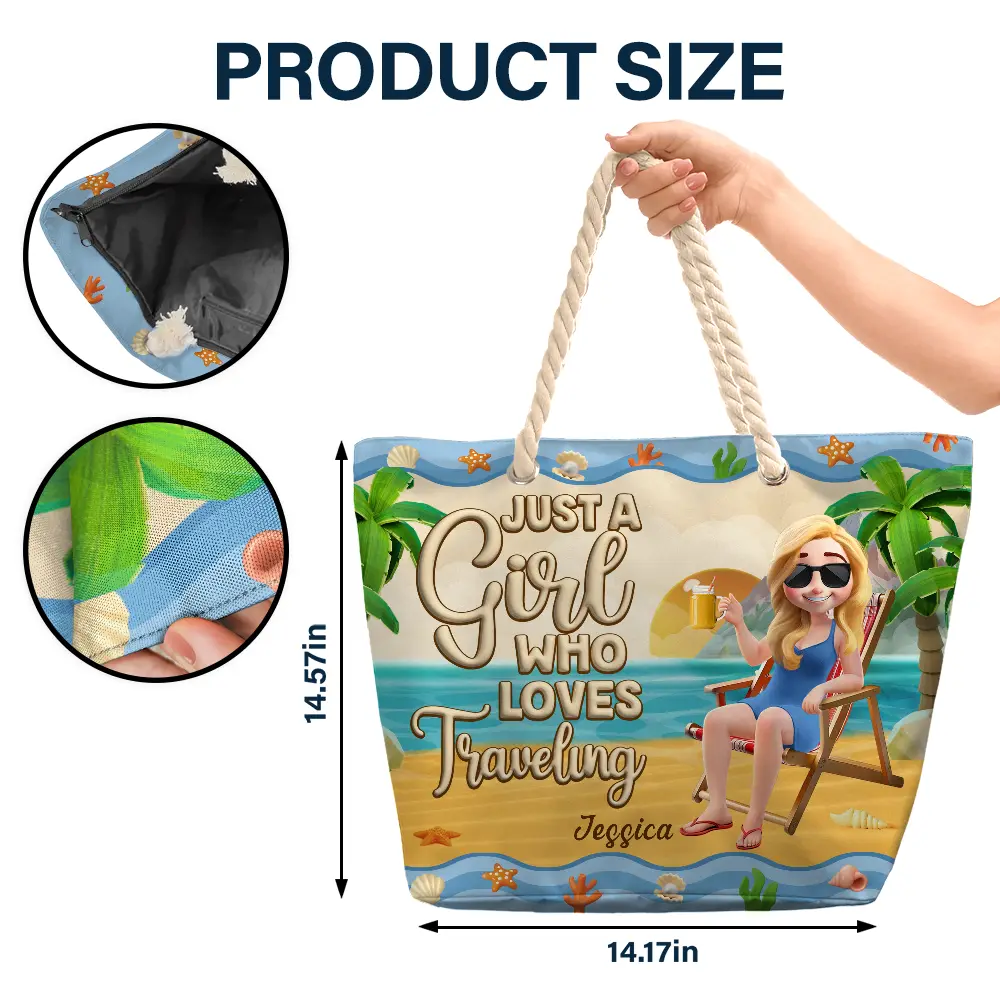 Just A Girl Who Loves Beaches Cartoon - Personalized Beach Bag - Image 5