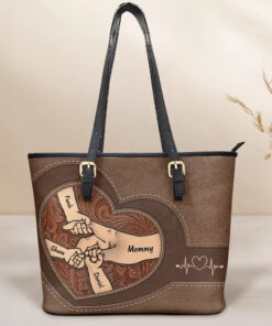 Leather Holding Hands Icon Mom Grandma & Kids - Personalized Leather Tote Bag
