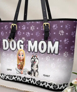 Alternative view of Leopard Dog Mom - Personalized Leather Tote Bag