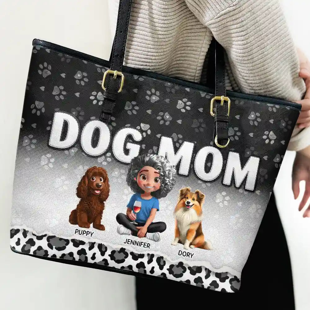 Leopard Dog Mom - Personalized Leather Tote Bag - Image 3