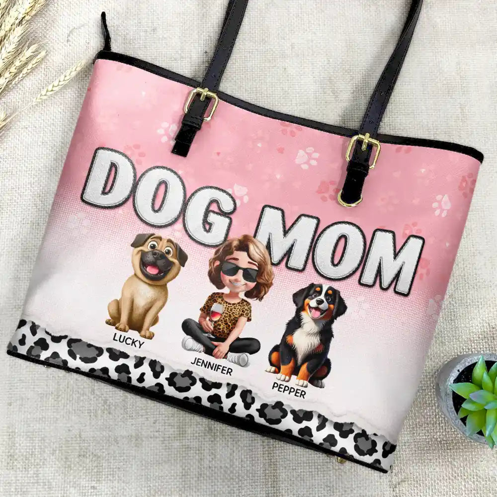 Leopard Dog Mom - Personalized Leather Tote Bag - Image 4